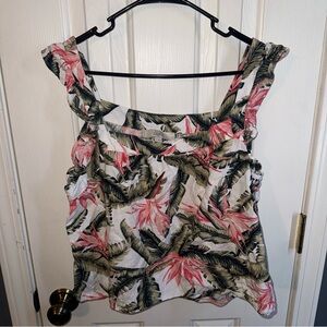 LOFT White Tank Top with Pink Floral & Green Leaf Print, Ruffle Straps
